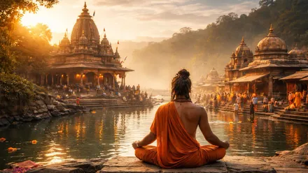 Persona de espalda meditando frente a un río y un templo hindú. Viste ropa anaranjada.