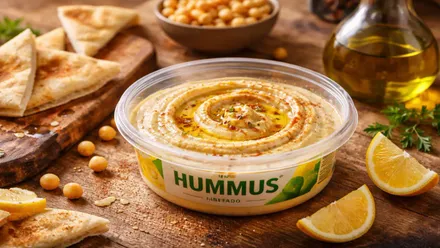Envase abierto de hummus en color crema.