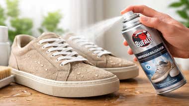 Zapatillas siendo impermeabilizadas por el spray de Búfalo.