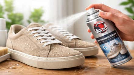 Zapatillas siendo impermeabilizadas por el spray de Búfalo.