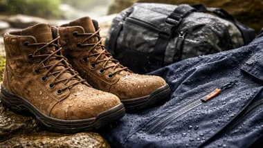 Botas y ropa impermeabilizada salpicada por agua,