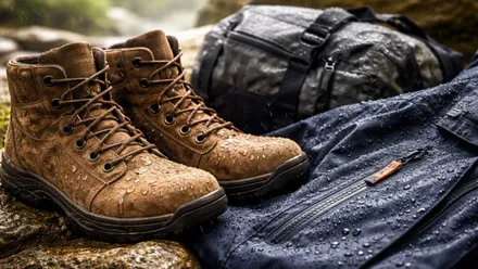 Botas y ropa impermeabilizada salpicada por agua,