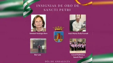 Sobre fondo morado los cuatro agraciados de los galardones Sancti Petri.