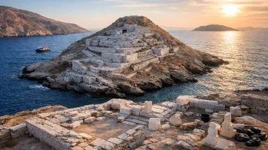 Vista de los restos de mármol del islote de Daskalio.