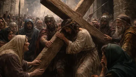 Jesús de Nazaret portando una cruz según la interpretación piadosa.