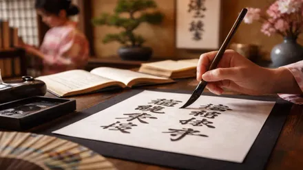 Mujer escribiendo caracteres japoneses.