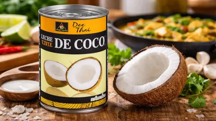 Lata de leche de coco junto a este fruto abierto por la mitad.
