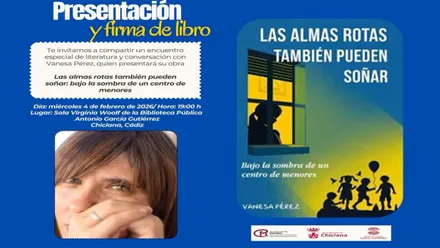 Cartel azul con la foto de Vanesa Pérez y la portada de su libro.