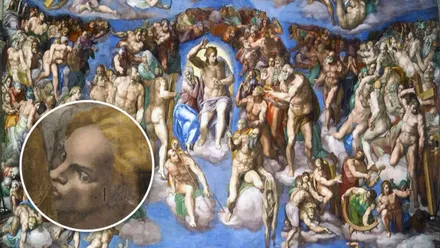 Fresco de la Capilla Sixtina y en un círculo la cara de la supuesta María Magdalena.