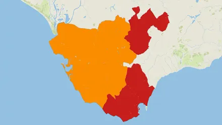 Mapa de la provincia de Cádiz con las zonas de Grazalema y Estrecho en aviso rojo y el resto en naranja.