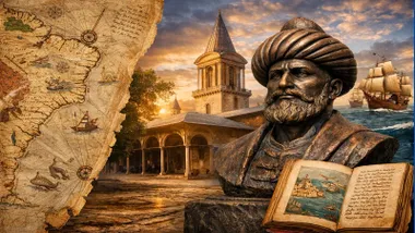 Composición con el mapa de Piri Reis, busto del almirante y barcos.