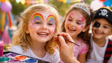 Una mano pintando a una niña rubia de Carnaval.