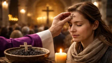 Sacerdote impone una cruz a una fiel con motivo del Miércoles de Ceniza.