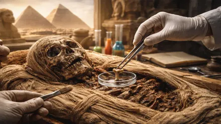 Momia egipcia a la que se le toma un trozo de hueso, al fondo las pirámides y la Esfinge.