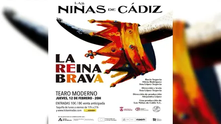 Cartel blanco de "La Reina Brava" de Chiclana en el que destaca un cuerno sobre el que pende una corona.