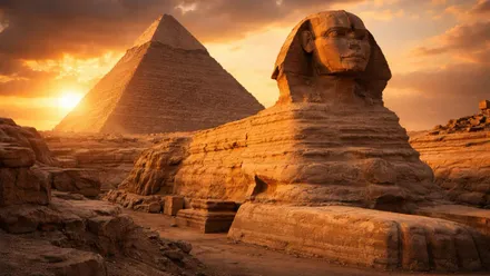 Atardecer en el que se ve la Pirámide de Kefrén y la Esfinge, destacan los tonos terrosos.