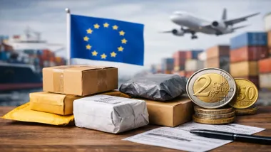 Paquetes envueltos, una bandera de la Unión Europea, dinero en monedas y un avión.