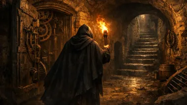 Hombre con una capa portando una antorcha por los pasadizos del castillo de los Sforza en Milán.