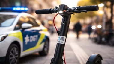 Patinete negro y coche de la DGT con luces azules.