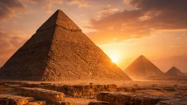 Atardecer en Giza, se ven las tres pirámides, Keops, Kefrén y Micerinos.