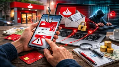 Hombre con un móvil y elementos de fraude usando la imagen del Banco de Santander.