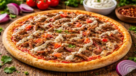 Una pizza Kebbab con verduras como tomates o cebolla.