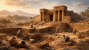 Trabajo arqueológico en un yacimiento con una entrada a un templo.