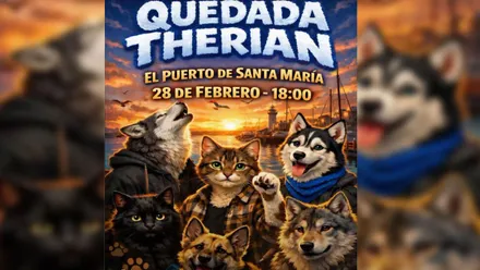 Cartel anunciador de la presunta quedada therian en El Puerto, muestra prros, lobos, gatos en dibujos.