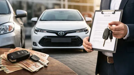 Contrato de renting en manos de un hombre que sostiene las llaves, al fondo un coche blanco.