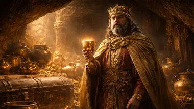 Rey Midas con una copa de oro en su mano y montañas de oro al fondo.