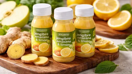 Tres botellitas de jengibre con fruta en torno a ellos sobre base de madera.