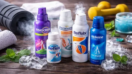 Envases y spray contra el dolor. Todos alineados en distintos colores.