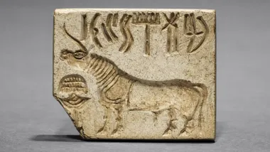 Toro y escritura desconocida de la tabilla de Tablilla-Tamil Nadu.