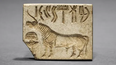 Toro y escritura desconocida de la tabilla de Tablilla-Tamil Nadu.