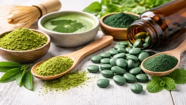 Té matcha y espirulina en pastillas o polvo.