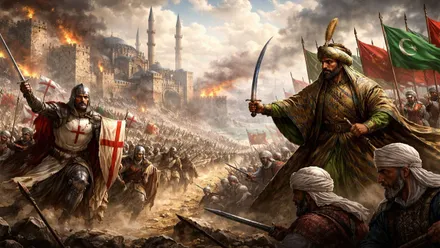 Tropas musulmanas enfrentándose a las cristianas con los templarios a la cabeza.