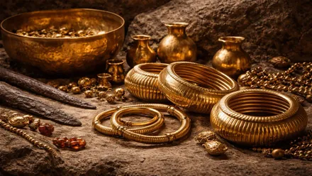 Vasijas, brazaletes y pulseras de oro del tesoro de Villena.