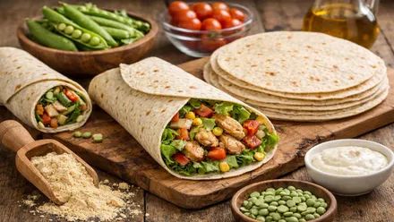 Tortilla de guisantes con vegetales en su interior.