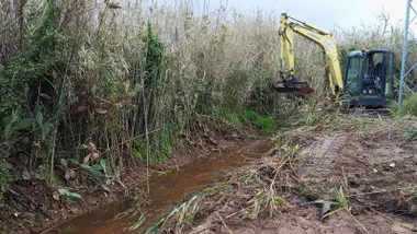 Excavadora apartando cañas de un camino con un riachuelo.