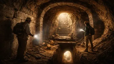 Dos exploradores en el interior de un túnel inca iluminados por linternas.