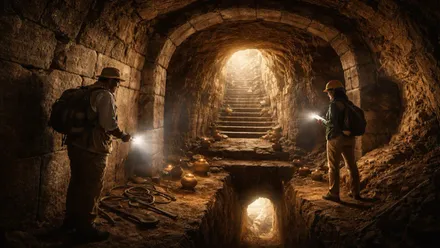 Dos exploradores en el interior de un túnel inca iluminados por linternas.
