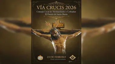 Crucificado del cartel del Vía Crucis de El Puerto, en tonos marrones y ocres.