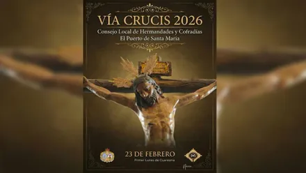 Crucificado del cartel del Vía Crucis de El Puerto, en tonos marrones y ocres.