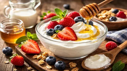 Bol de yogur griego con fresas, frutas del bosque y miel.