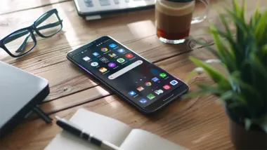 Smartphone sobre escritorio de madera con café, gafas y portátil.