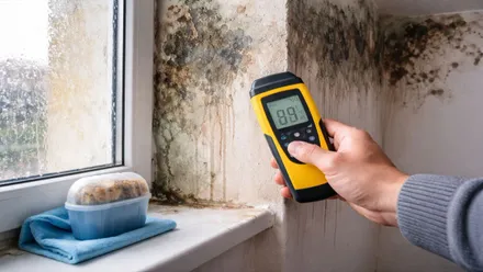 Pared de una casa con mucha humedad y un medidor en la mano de una persona.