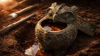 Vasija de bronce muy ornamentadas con forma de búho y un líquido color caramelo oscuro en su interior.