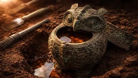 Vasija de bronce muy ornamentadas con forma de búho y un líquido color caramelo oscuro en su interior.