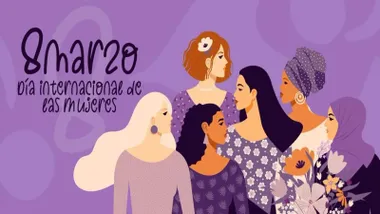 Cartel en color lila del 8M en Cádiz, con dibujos de muchas mujeres de diferentes razas.