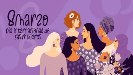 Cartel en color lila del 8M en Cádiz, con dibujos de muchas mujeres de diferentes razas.